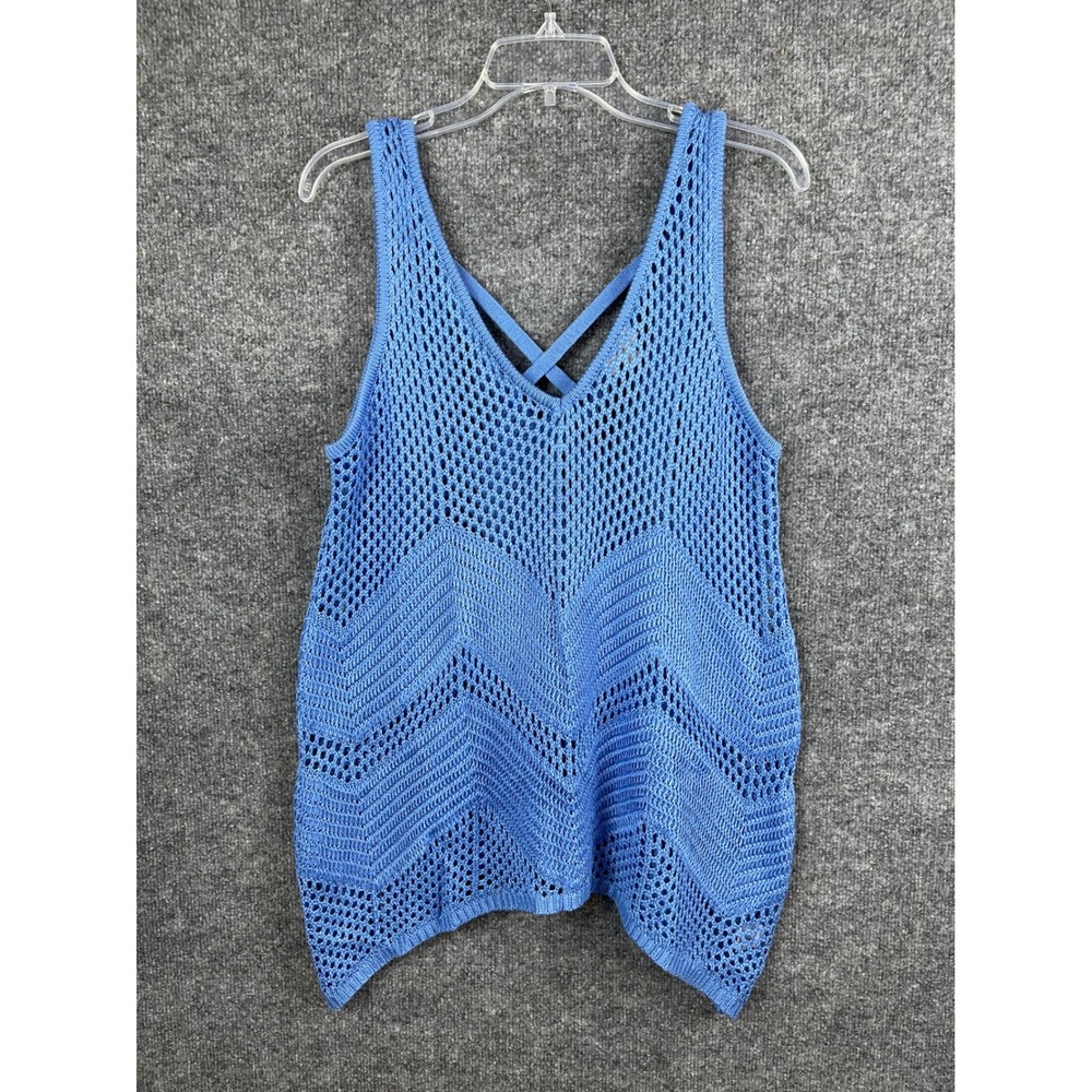 Crochet Knit‎ Tank Top Women XL Blue Excellent Chevron Crisscross V-Neck